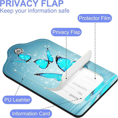 2 Pack Luggage Tags Blue Butterfly PU Leather Baggage Tag with Privacy Cover Stainless Steel Loop and Name ID Card for Men Women Travel Bag Luggage Accessories, 4.6 x 2.7 inch