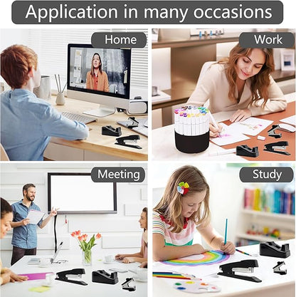 Office Desk Accessories, Black Office Supplies Accessories with Tape Dispenser, Stapler, Staple Remover, 1000 Staples, Tape, Clips Set, Ruler, Scissor, Pen