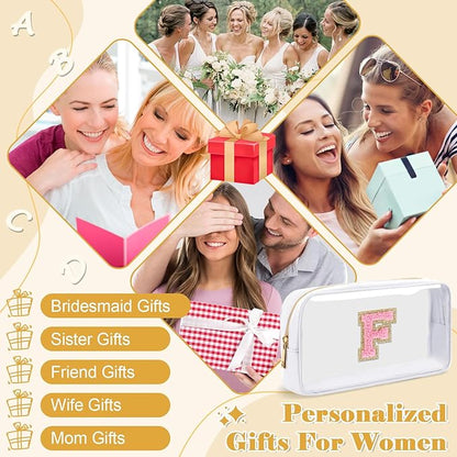Personalized Initial Letter Clear Makeup Bag,Preppy Small Nylon&PVC Cosmetic Zipper Bag with Chenille Letter,Travel Skincare Toiletry Bag,Monogram Christmas Gift for Teen Girls Women,F