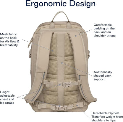 Beckmann STREET GO – Bold & Stylish Ergonomic backpack for Teens & Adults, Versatile & Functional, 26L Capacity expands to 31L - Sustainable & Durable - Water-Resistant, Lightweight. BEIGE