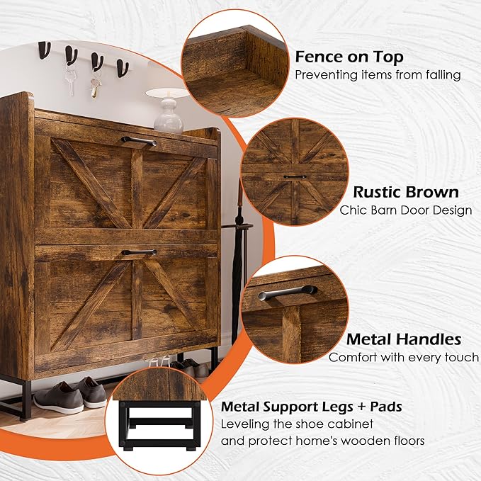 Betterhood Entryway Shoe Cabinet with 2 Flip Drawers, Slim Shoe Rack Cabinet, Freestanding Hidden Shoe Organizer Cabinet with Metal Legs, Shoe Cabniet for Entryway with Storage, Hallway, Foyer, Brown