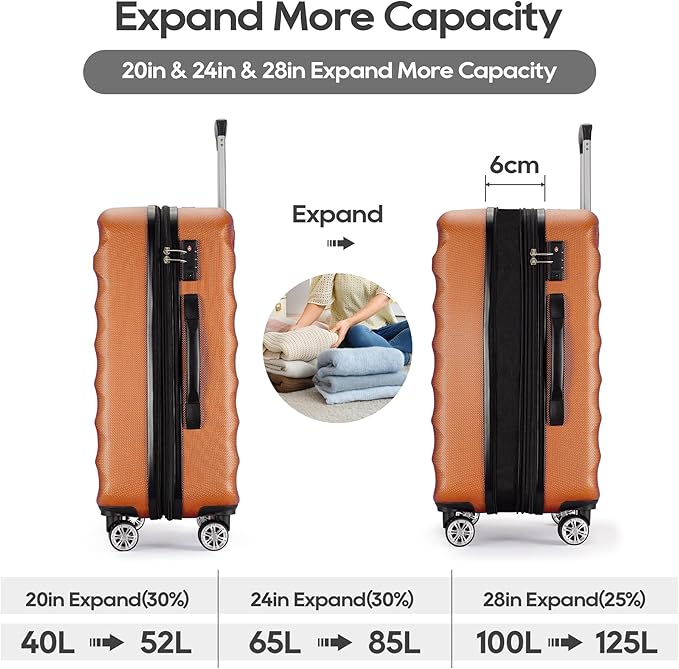 GinzaTravel 3-piece expandable luggage sets with Spinner Wheels， ABS hardshell Suitcase with TSA Lock，Large Luggage for Family Travel & carry on 20/24/28， Orange color