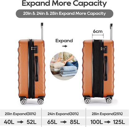 GinzaTravel 3-piece expandable luggage sets with Spinner Wheels， ABS hardshell Suitcase with TSA Lock，Large Luggage for Family Travel & carry on 20/24/28， Orange color