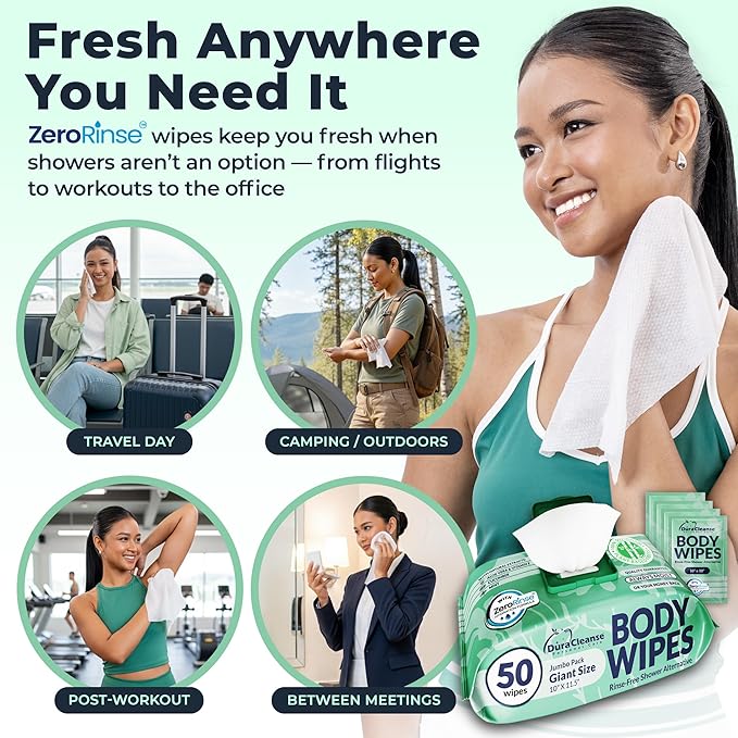 Body Wipes for Women, Extra Moist No Rinse Bathing Sheets (4 Pack) – 200 XL Shower Cloths + 16 Deodorizing Bath Wipes, 10" x 11.5" Travel Toiletries for Women’s Hygiene and Post Workout