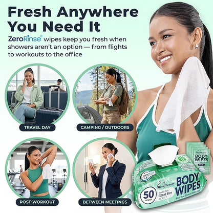 Body Wipes for Women, Extra Moist No Rinse Bathing Sheets (4 Pack) – 200 XL Shower Cloths + 16 Deodorizing Bath Wipes, 10" x 11.5" Travel Toiletries for Women’s Hygiene and Post Workout