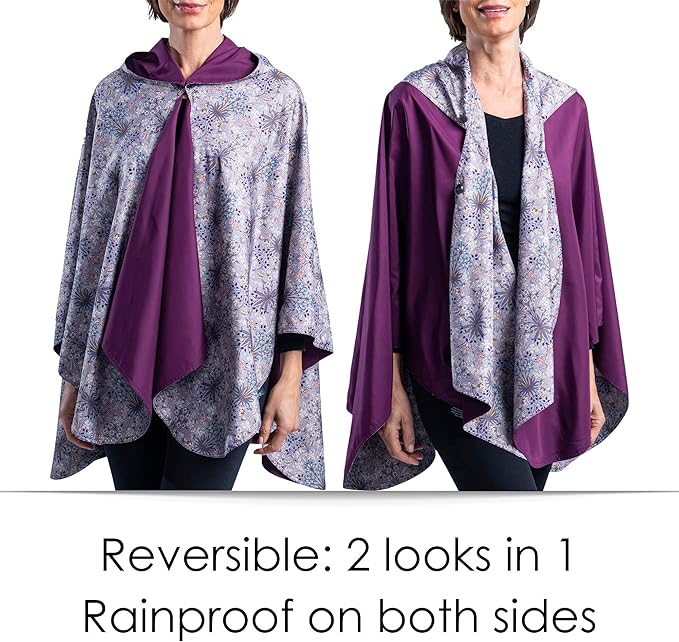 RainCaper Rain Poncho for Women - Reversible Rainproof Hooded Cape in Gorgeous Ultrasoft Colors (Plum/Wm Morris Hyacinth)