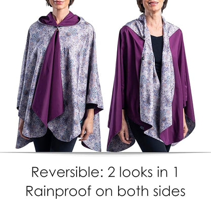 RainCaper Rain Poncho for Women - Reversible Rainproof Hooded Cape in Gorgeous Ultrasoft Colors (Plum/Wm Morris Hyacinth)