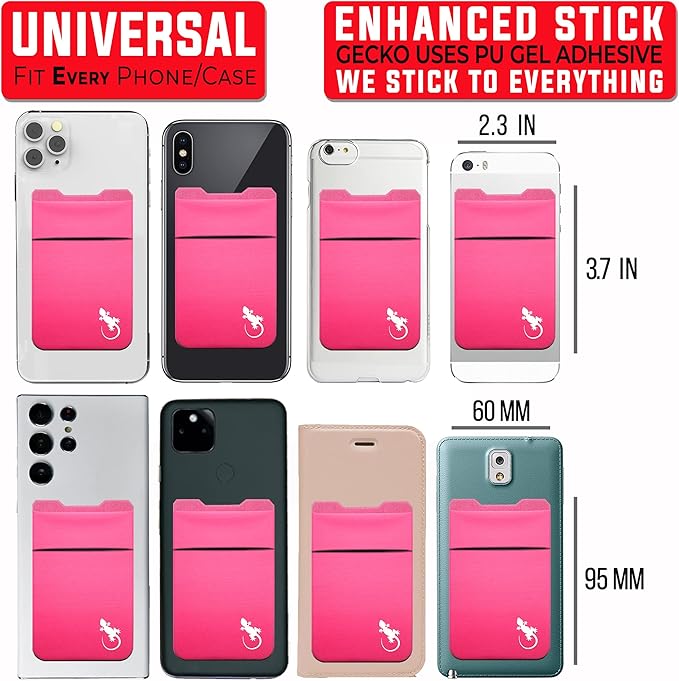 Gecko Travel Tech Double Pocket - Adhesive Card Holder - Cell Phone Pouch - Stick on Spandex Pocket - Carry Credit Cards and Cash (PINK-WHITE)