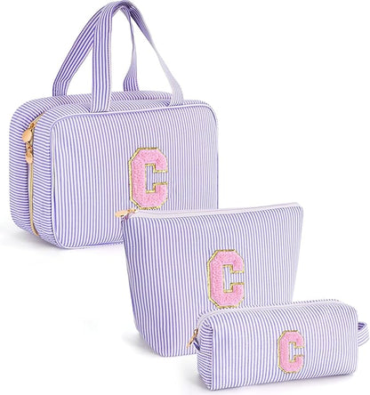 Cute Cosmetic Bag for Girls Women - Personalized Initial Makeup Pouch for Girlfriend Bridesmaid Wife | Travel Toiletry Bag for Her Mom | Birthday Preppy Stuff - Lavender C