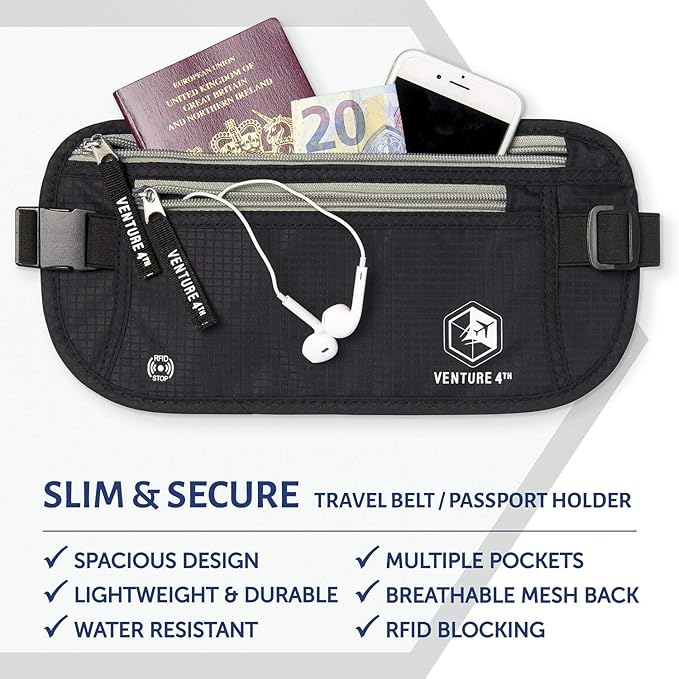 VENTURE 4TH Money Belt for Travel – Hidden Under-Clothes RFID Blocking Passport Holder & Slim Travel Wallet Pouch for Men & Women to Protect Cash, Cards & Documents (Black)