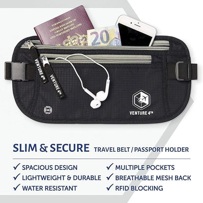 VENTURE 4TH Money Belt for Travel – Hidden Under-Clothes RFID Blocking Passport Holder & Slim Travel Wallet Pouch for Men & Women to Protect Cash, Cards & Documents (Black)