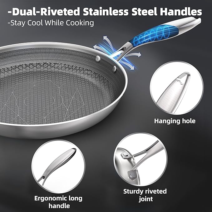 COOKING KING 12-Inch Stainless Steel Pan, Hybrid Nonstick Frying Pan, Skillet, 3-Ply Clad Cookware, Even Heat Distribution, Dishwasher & Oven Safe, with Stay-Cool Handle, Induction Compatible