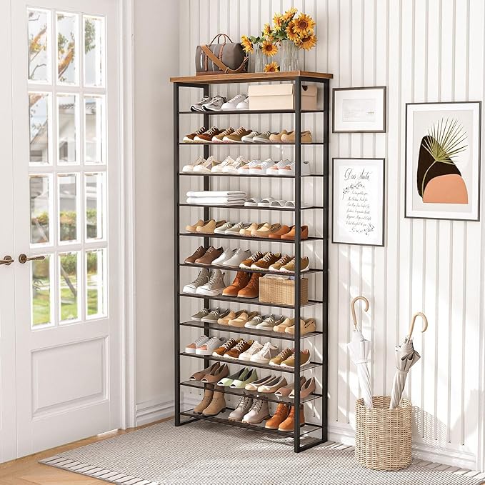 HOOBRO 12-Tier Shoe Rack, 29.5" L Shoe Storage Organizer, Large Capacity Shoe Shelf for Front Door Entrance, Entryway, Closet, Holds 36-48 Pairs of Shoes, Closet, Rustic Brown and Black BF127XJ01