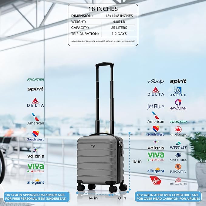 Flight Knight Carry On Suitcase 18x14x8" Hardside Built In TSA Lock & USB Port Lightweight Luggage Silent Double Spinner Wheels Maximum Underseat Carry-On Bag For American & United Approved Airlines