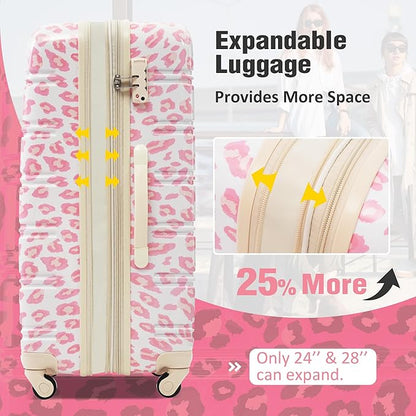 Merax Luggage Sets 3 Piece, Hardside Expandable Suitcase Set with Spinner Wheels, Lightweight Leopard 20+24+28 IN Suitcase with Carry on Luggage, Leopard Pink