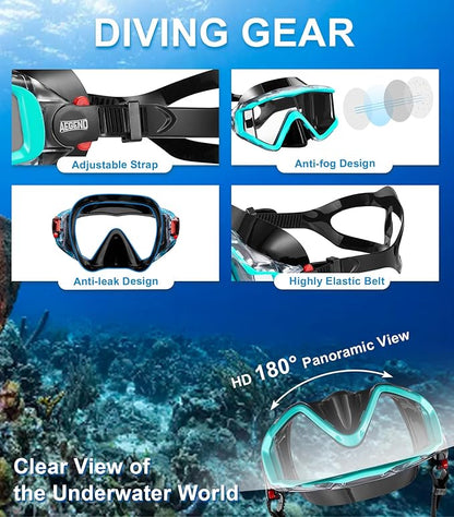 Aegend Snorkeling Gear for Adults Youth Kids, Dry Snorkel Set Panoramic View Enhanced Anti-Leak and Anti-Fog Technology, Adjustable Strap for Snorkeling Scuba Diving Swimming with Mesh Bag