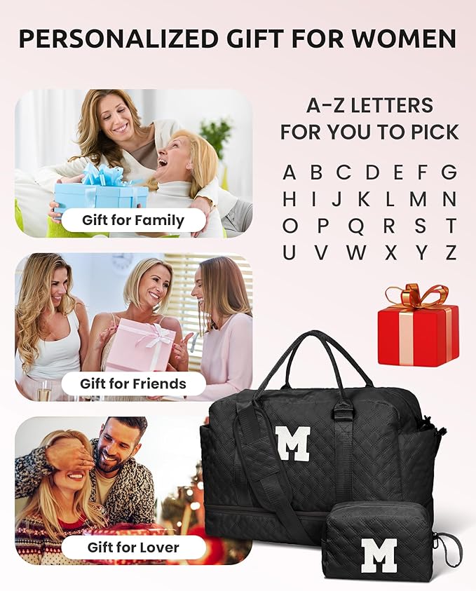 Initial Duffle Travel Bag, Personalized Weekender Bag with Shoulder Strap, Monogram Overnight Bag for Women Wet Pocket, Letter Travel Bag with Makeup Bag Gifts for Friends Female (Letter W)