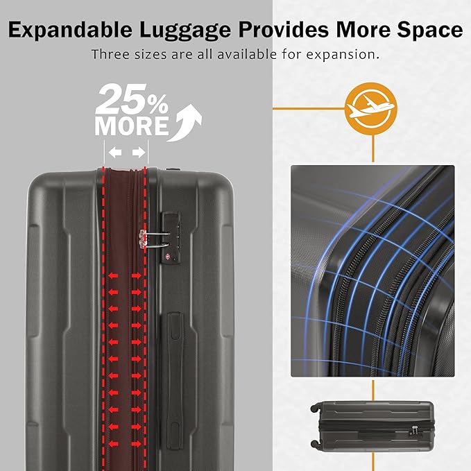 Merax Luggage Sets 4 Piece Suitcase Set, Expandable Hardside 20 IN & 24 IN Suitcase Set with Duffel Bag, Lightweight Travel Luggage with Spinner Wheels and TSA Lock(Black)