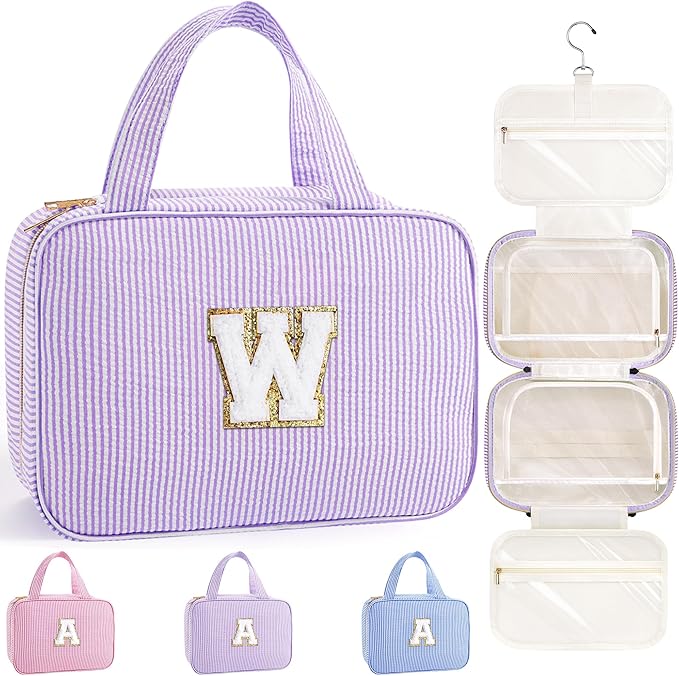 TOPEAST Hanging Toiletry Bag for Women - Travel Toiletry Bag Makeup Bag, Portable Toiletries Cosmetic Bag, Airplane Travel Essentials - Letter W, Purple