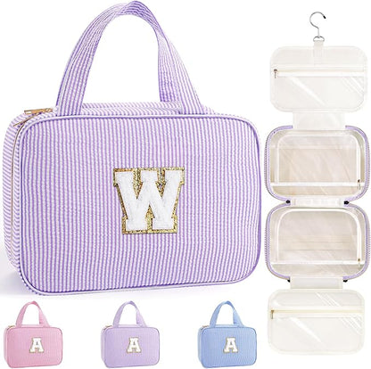 TOPEAST Hanging Toiletry Bag for Women - Travel Toiletry Bag Makeup Bag, Portable Toiletries Cosmetic Bag, Airplane Travel Essentials - Letter W, Purple