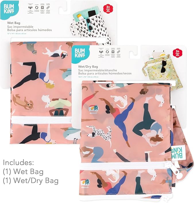 Bumkins - Waterproof Wet and Wetdry Bags - For Beach, Baby, Travel, Swim Suit, Cloth Diapers, Pump Parts, Pool, Gym, Toiletries - Reusable & Easy to Clean - Yoga Pals - 2 Pack