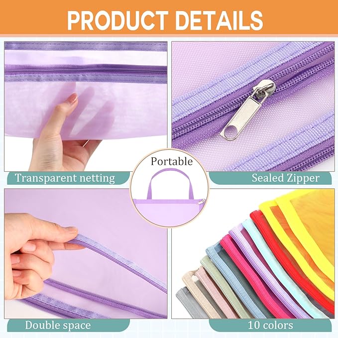 Marspark 30 Pack 10 Color Mesh Zipper Pouch Bags A4 Nylon Organizing Bags Breathable See Through Zipper Pouch with Handle for Office Games