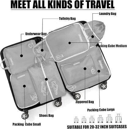 8 Set Expandable Compression Packing Cubes for Suitcases Travel Essentials Carry On Waterproof Storage Bag With Dry And Wet Separation Grey
