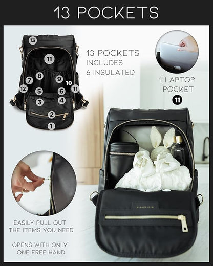 MIA + SOPHIA Leather Diaper Bag Backpack with USB Charging port, Changing Pad, Stroller Straps (Black Mia)
