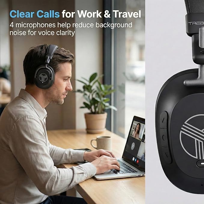 TREBLAB U5 - ANC Headphones for Travel & Focus, Hybrid Active Noise Cancelling, Up to 45H Playtime, Comfortable Over-Ear Design, Bluetooth Headphones for Work, Flights & Daily Use
