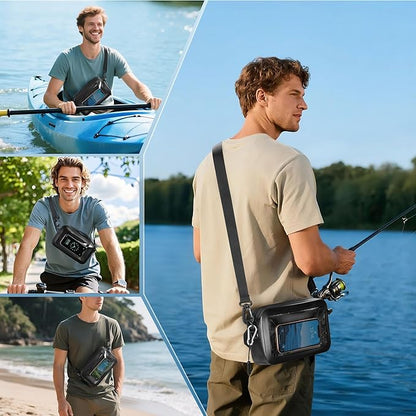 Waterproof Sling Bag with Phone Touch Screen Feature and Back Molle System, Waterproof Fanny Pack with a Carabiner and a Whistle, Black