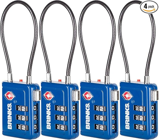 Brinks TSA Accepted Indicator Luggage Lock, Blue - Resettable 3-Dial Combination, 2.5 inch Long Cable Shackle, New More Secure TSA008 Key, 4 Pack
