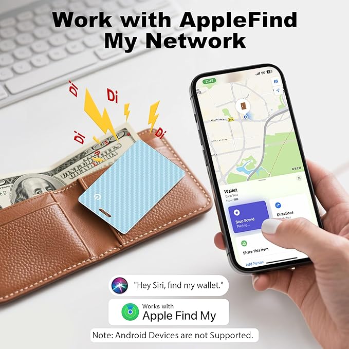 [Apple MFi Certified] Wallet Tracker Card with Apple Find My (iOS Only) Rechargeable Air Tracker Tags Bluetooth Wallet Finder IP68 Waterproof GPS Tracker Item Finder for Keys, Bags, Passport Blue