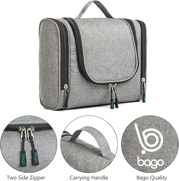 Bago Travel Toiletry Bag for Women and Men - Large Waterproof Hanging Large Toiletry Bag for Bathroom and Travel Bag for Toiletries Organizer - Makeup Bag (SnowGray)