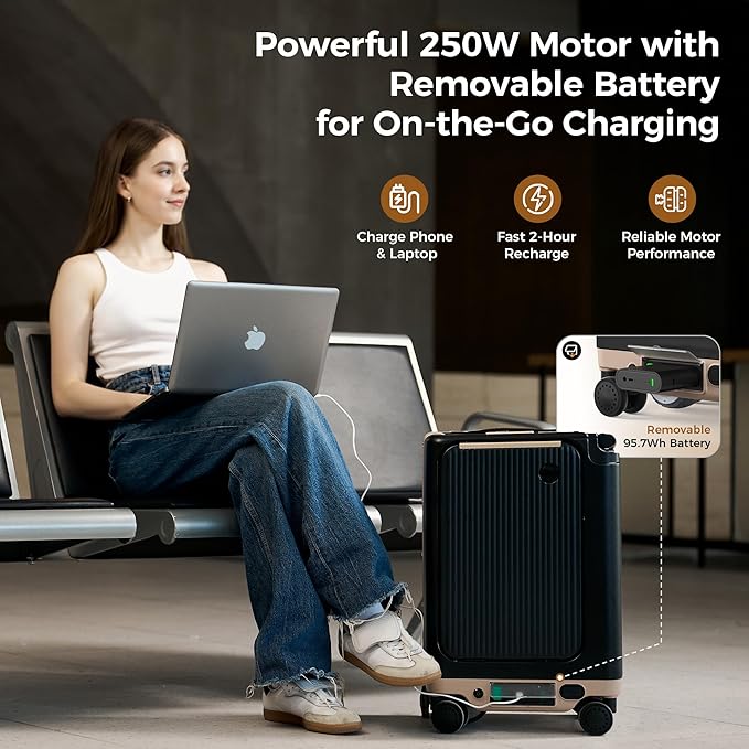 isinwheel Smart Rideable Luggage, Airline-Approved Electric Scooter Suitcase 22"x14"x9", 250W Motor Up to 8 MPH & 9.3 Miles Range,95.7Wh Removable Battery, TSA Lock,38L Carry-on Electric Luggage－Black