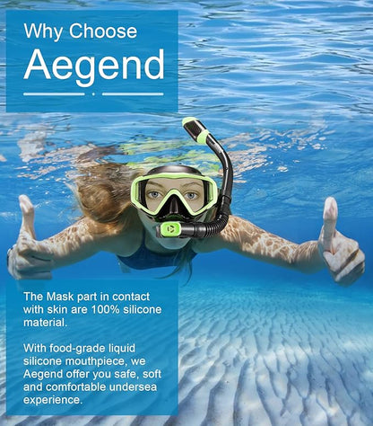 Aegend Snorkeling Gear for Adults Youth Kids, Dry Snorkel Set Panoramic View Enhanced Anti-Leak and Anti-Fog Technology, Adjustable Strap for Snorkeling Scuba Diving Swimming with Mesh Bag