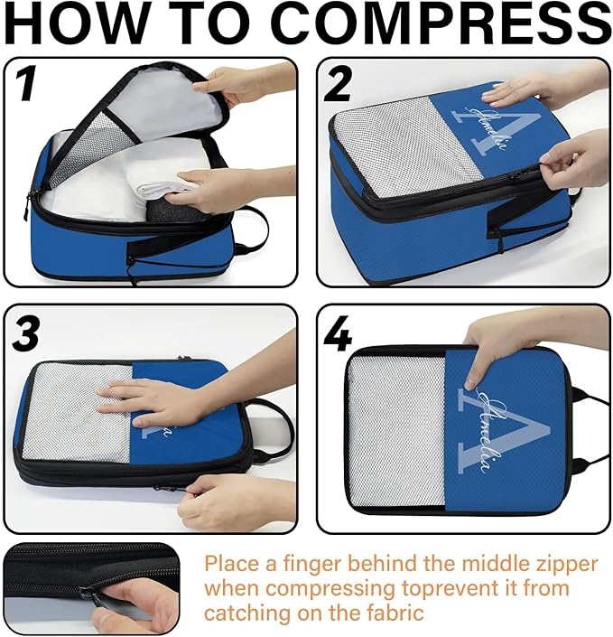 Personalized 6 Set Compression Packing Cubes for Travel Accessories Custom Name Luggage Carry On Suitcase Compressible Expandable Packing Organizer, Blue Initial
