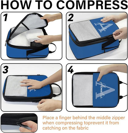 Personalized 6 Set Compression Packing Cubes for Travel Accessories Custom Name Luggage Carry On Suitcase Compressible Expandable Packing Organizer, Blue Initial