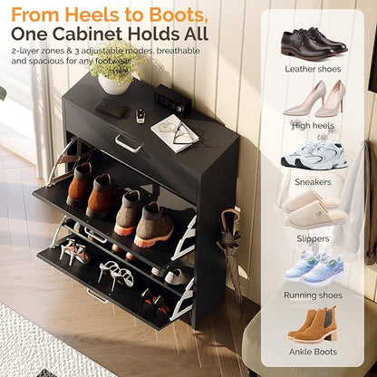 VINGLI Shoe Cabinet Storage for Entryway Ultra Slim with 2 Flip &1Drop-Down Drawers, 24.8" W Narrow Shoe Cabinet for Front Door Entrance,Freestanding Black Wood Shoes Organizer for Hallway