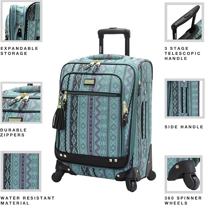 Steve Madden Designer-Gepckkollektion Leichter Softside-Koffer fr Damen und Herren strapazierfhige 50,8 cm groe Tragetasche mit 4 rollenden Spinner-Rdern, Legends Turquoise, 20in, Carry on Bag With