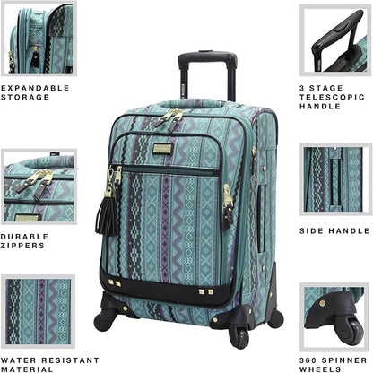 Steve Madden Designer-Gepckkollektion Leichter Softside-Koffer fr Damen und Herren strapazierfhige 50,8 cm groe Tragetasche mit 4 rollenden Spinner-Rdern, Legends Turquoise, 20in, Carry on Bag With