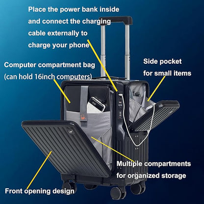 20-inch Front-Opening Aluminum Frame luggage - Spinner Wheels TSA Lock PC Material With External lD Bag Convenient And Fast, Suitcase for Business Travel & Short Trips (Black)