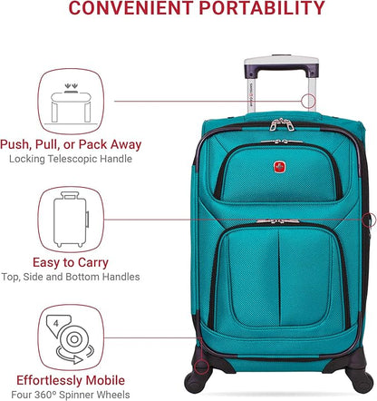 SwissGear Sion Softside Expandable Luggage – Carry-On Suitcase with 360 Degree Wheels & Retractable Handle – 21 Inch, Perfect for 1-3 Night Trips – Teal