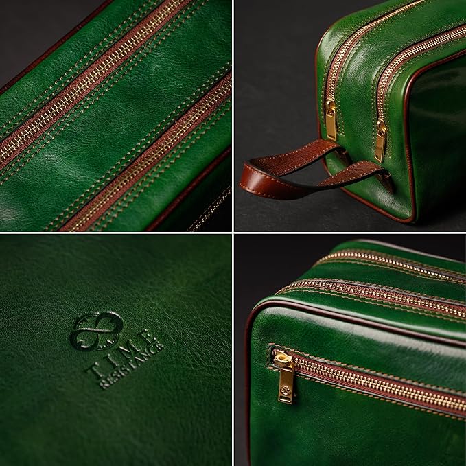 Time Resistance Leather Cosmetic Bag Toiletry Italian Classy Dopp Kit