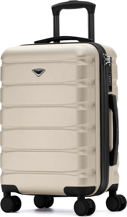 Flight Knight Carry On Suitcase Hardside Built In TSA Lock & USB Port Silent Double Spinner Wheels Maximum Overhead Carry-On Bag For American & United Approved Airlines(22x14x9,Champagne)