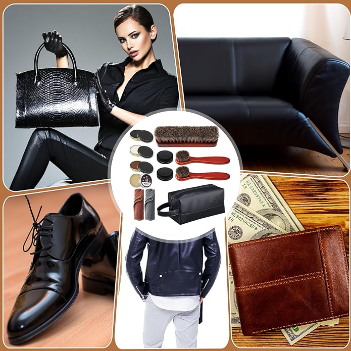 13 Pcs Shoe Polish Kit, Leather Boot Care Kit for Men, Black Shoes Shine Kit for Cleaning with PU Storage Bag
