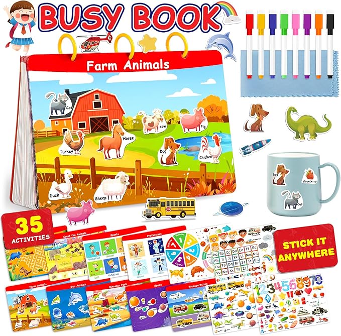 Activity Books for Kids Ages 3-5, Montessori Busy Book & Tracing Books & Jelly Stickers 3-in-1, Preschool Learning Book with 35 thems,Autism Sensory Toys, Travel Game,Christmas Birthday Gifts