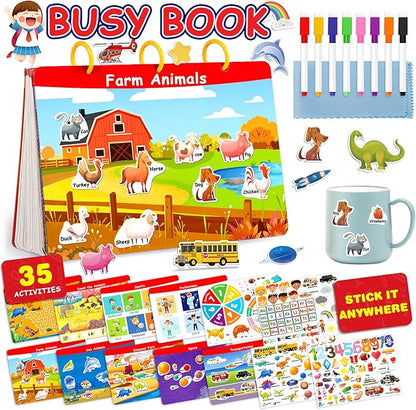 Activity Books for Kids Ages 3-5, Montessori Busy Book & Tracing Books & Jelly Stickers 3-in-1, Preschool Learning Book with 35 thems,Autism Sensory Toys, Travel Game,Christmas Birthday Gifts