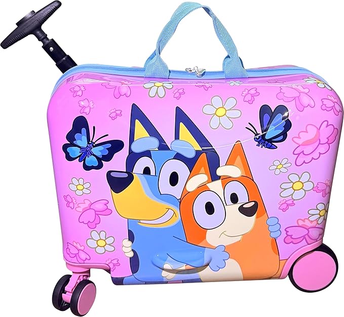 Fast Forward Ride-On 18" Suitcase For Kids/Tow-Along Toddler Carry-On Luggage With Wheels (Bluey Girls)