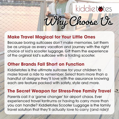 KIDDIETOTES Ride-On Scooter Suitcase for Kids – Hardside Lightweight Carry-On Luggage with Foldable Scooter, LED Wheels, Travel Fun for Toddlers & Children