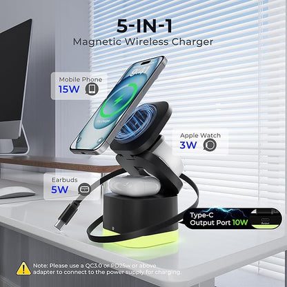 5 in 1 Magnetic Wireless Charger Stand with Night Light, Foldable Wireless Charging Station Built-in Retractable Cable, Travel Wireless Charger for iPhone 17/16/15/14/13/12, Apple Watch, AirPods Pro 3